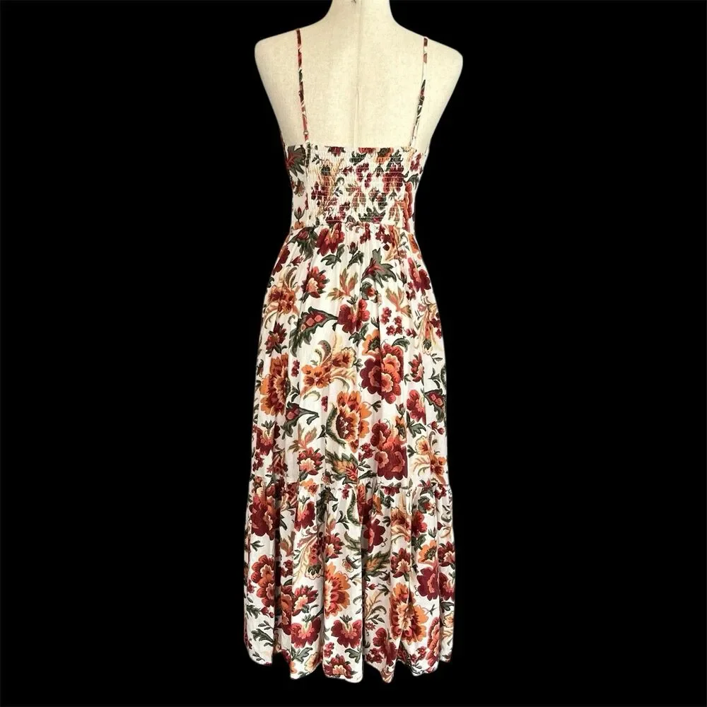 Abercrombie & Fitch Floral Linen Dress SP Buttons Plunge Neck Smocked Boho Maxi